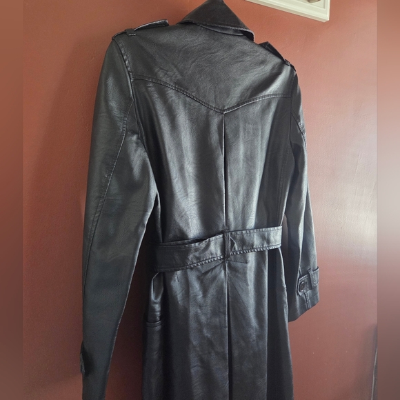 Max Studio Black Faux Leather Long Trench Coat Belted Matrix Style Size S - Picture 4 of 13